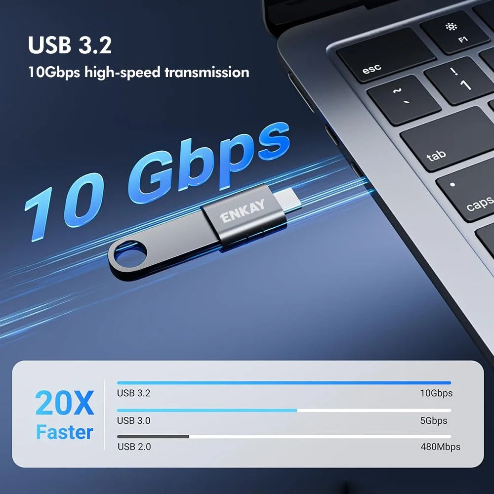 ENKAY ENK-AT135 2Pcs USB-A 3.2 Female to USB-C Male Adapter 10Gbps 60W Fast Charging Zinc Alloy OTG Converter - Black - 2