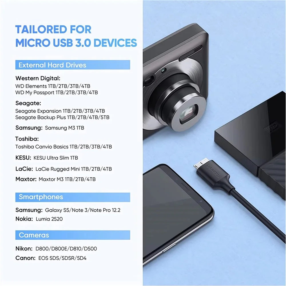 UGREEN 90995 25cm Type-C to Micro-B USB 3.0 Cable 3A Fast Charging 5Gbps Data Transfer Wire for External Hard Drive - Black - 7