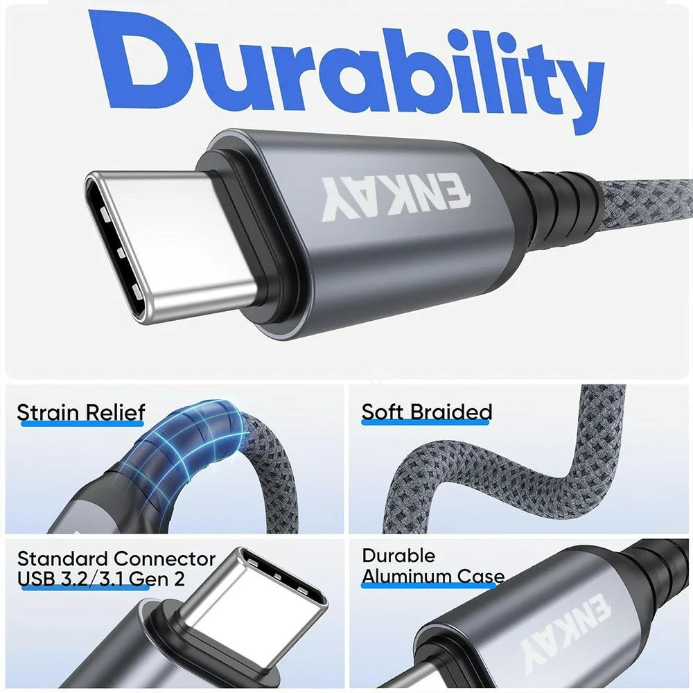 ENKAY 2m USB 3.2 Gen2 USB-A to USB-C Cable 60W Fast Charging 10Gbps High Speed Data Cable - Grey - 6