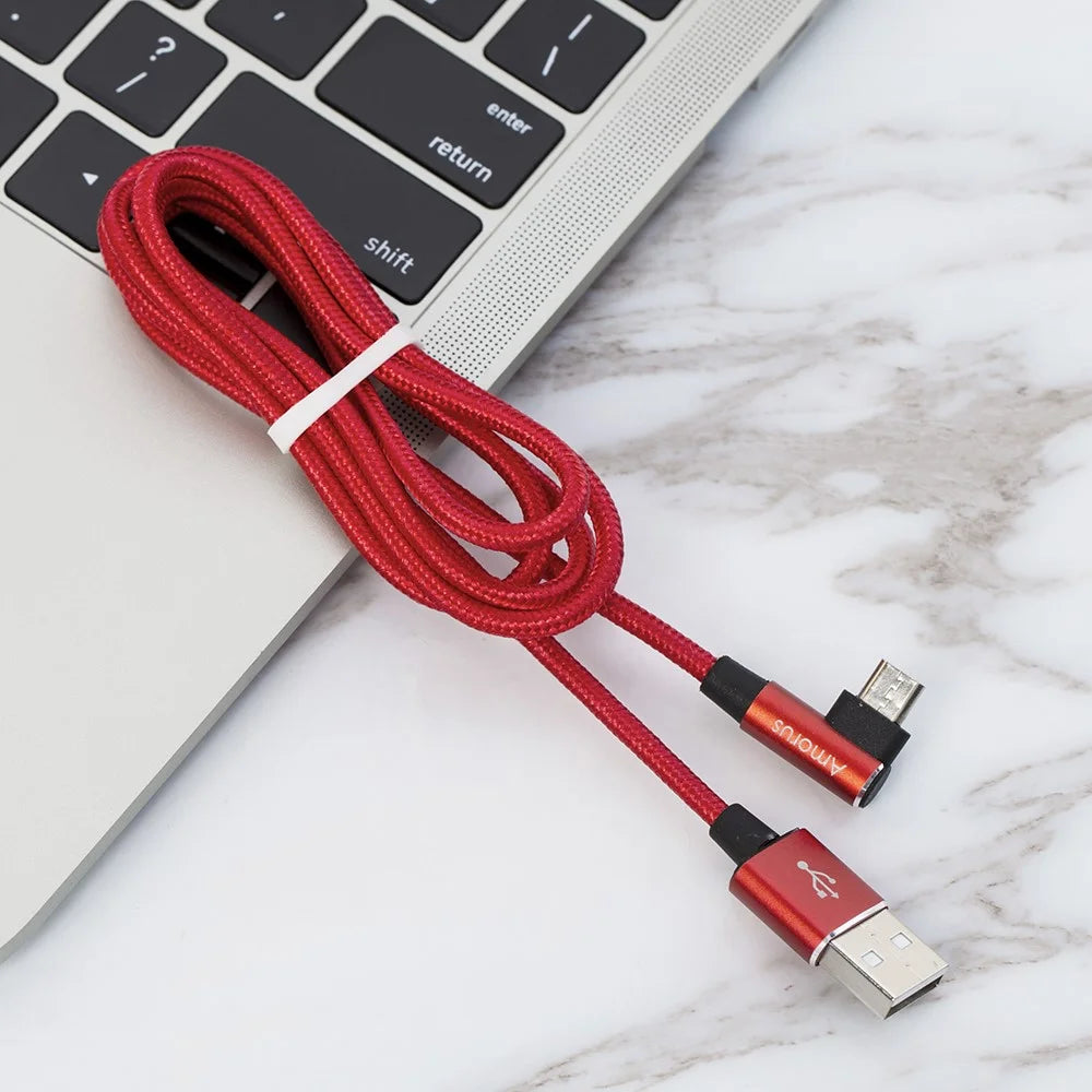 AMORUS Micro USB Right Angle Head Data Cable 2A Fast Charging Nylon Braided Wire - Red - 2