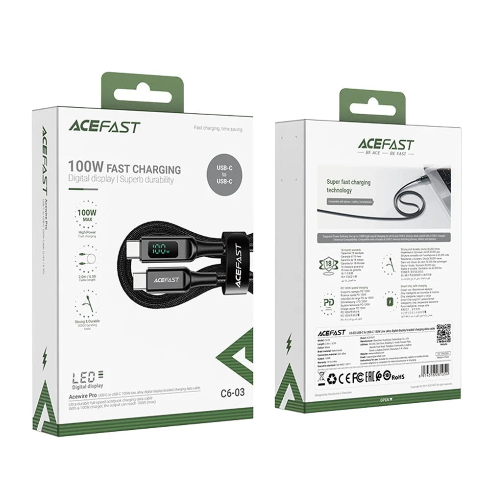 ACEFAST C6-03 for iPhone 15 Series USB-C to USB-C 100W Zinc Alloy Digital Display Charging Cable Braided Data Cord - Black - 6