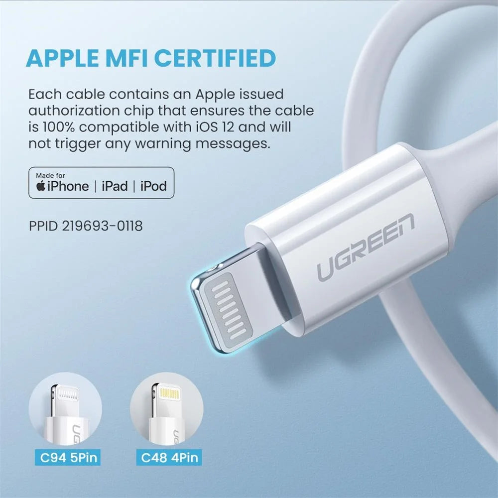 UGREEN 0.5m 3A PD Fast Charging Wire MFI Certified Type-C to Lightning 480Mbps High Speed Data Cable - 4