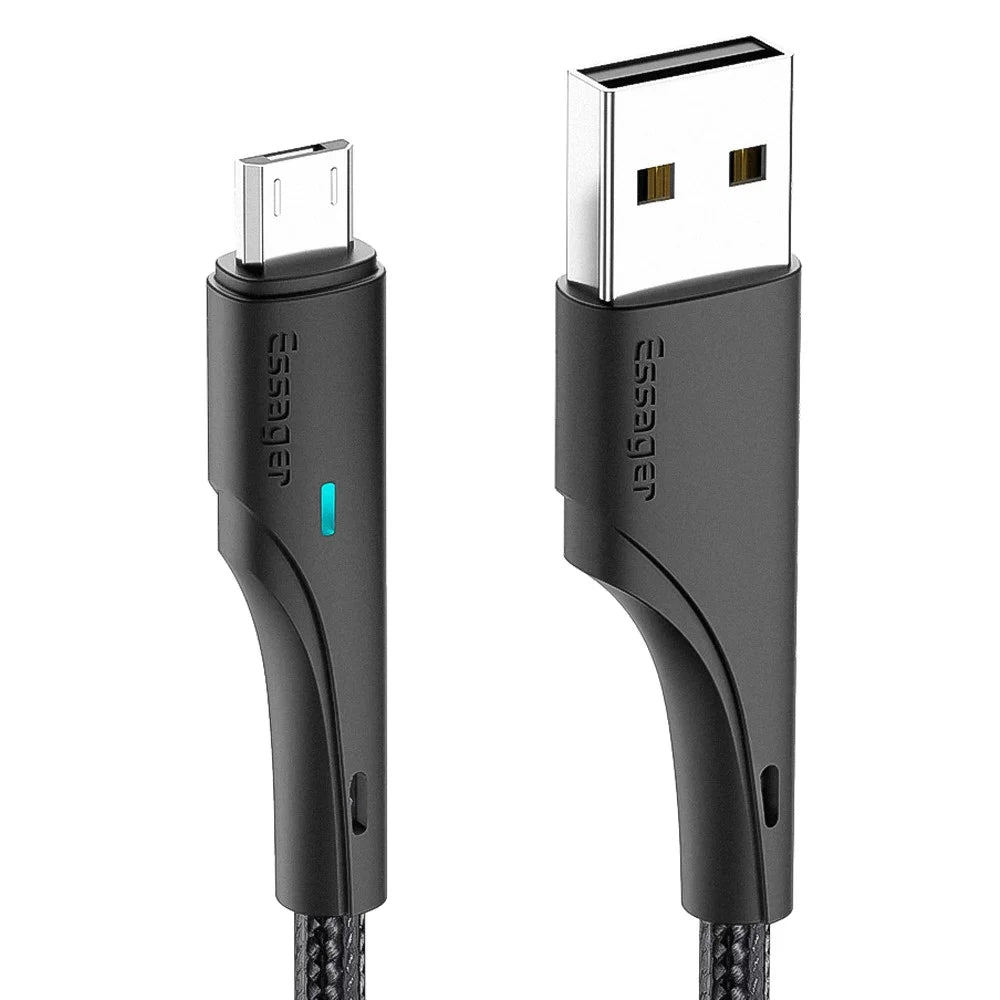 ESSAGER 2m Phone Charge Cable USB to Micro USB 2.4A Fast Charging 480Mbps Transfer Wire LED Light Design Cord - Black - 1