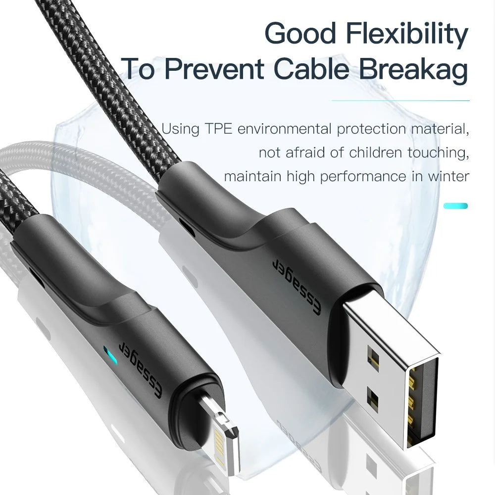 ESSAGER 2m Phone Charge Cable USB to iP 2.4A Fast Charging 480Mbps Transfer Wire LED Light Design Cord for Lightning Devices - Black - 3