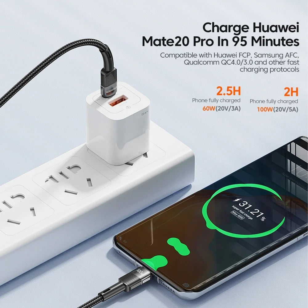 ESSAGER 3m Cell Phone Cable USB C High-speed 100W 5A PD Charging 480Mbps Fast Data Transmission Line - 3