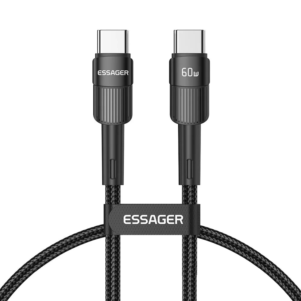ESSAGER 1m USB C to C Cable 60W PD Fast Charging 480Mbps Fast Data Transmission Cord - Black - 1
