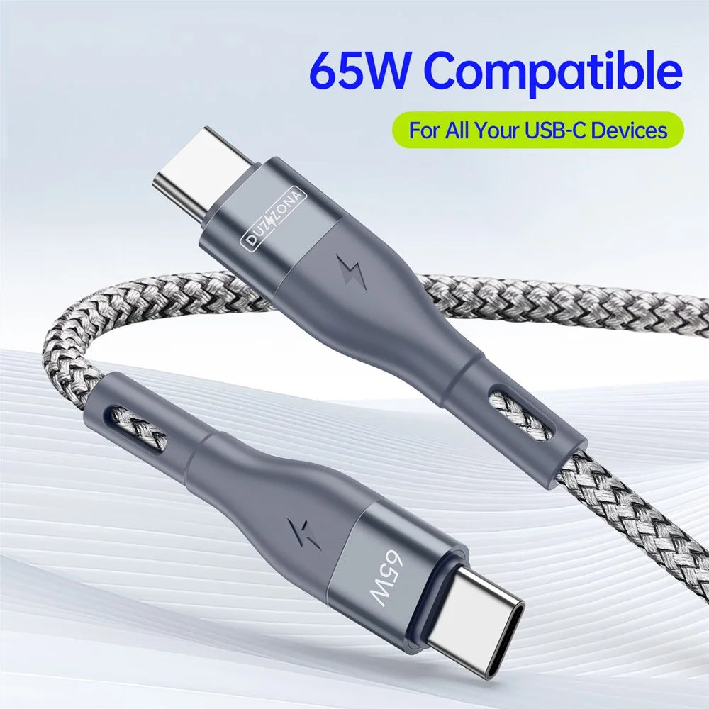 DUZZONA A2 for iPhone 16-15 Series 2m PD 65W USB-C to USB-C Fast Charging Cable Nylon Braided Data Cord - Grey - 3