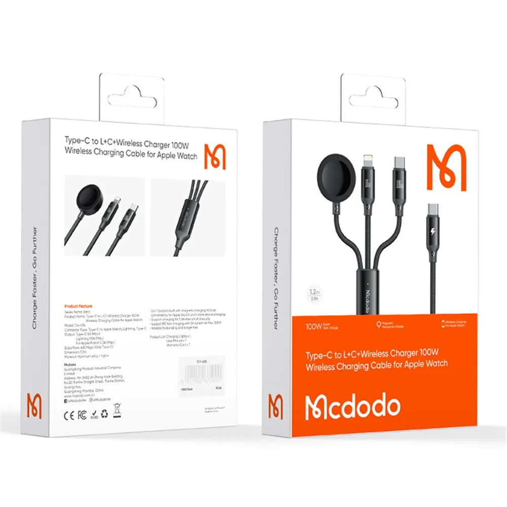 MCDODO CA-4940 Beta Series for iPhone 15 Series 1.2m USB-C to Type-C + iP + Wireless Charger for Apple Watch 3 in 1 Charging Cable, Black - 7