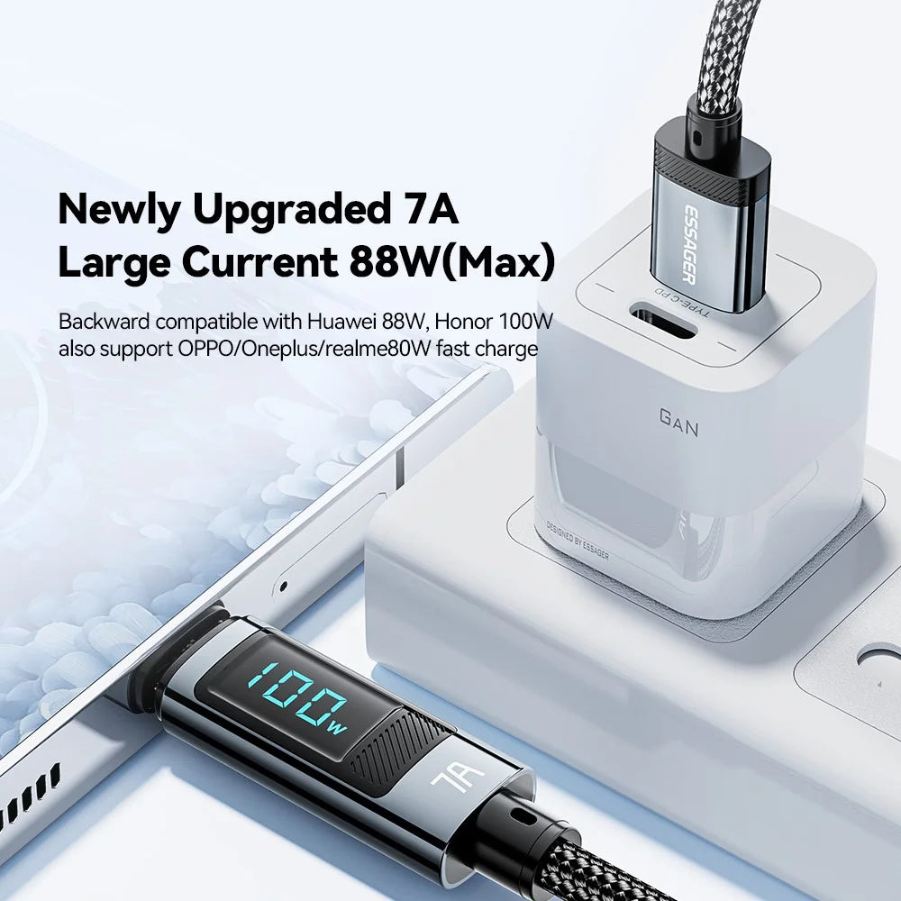ESSAGER 1m 7A Super Charge Data Cable USB-A to Type-C Charging Cable with Digital Display - 3