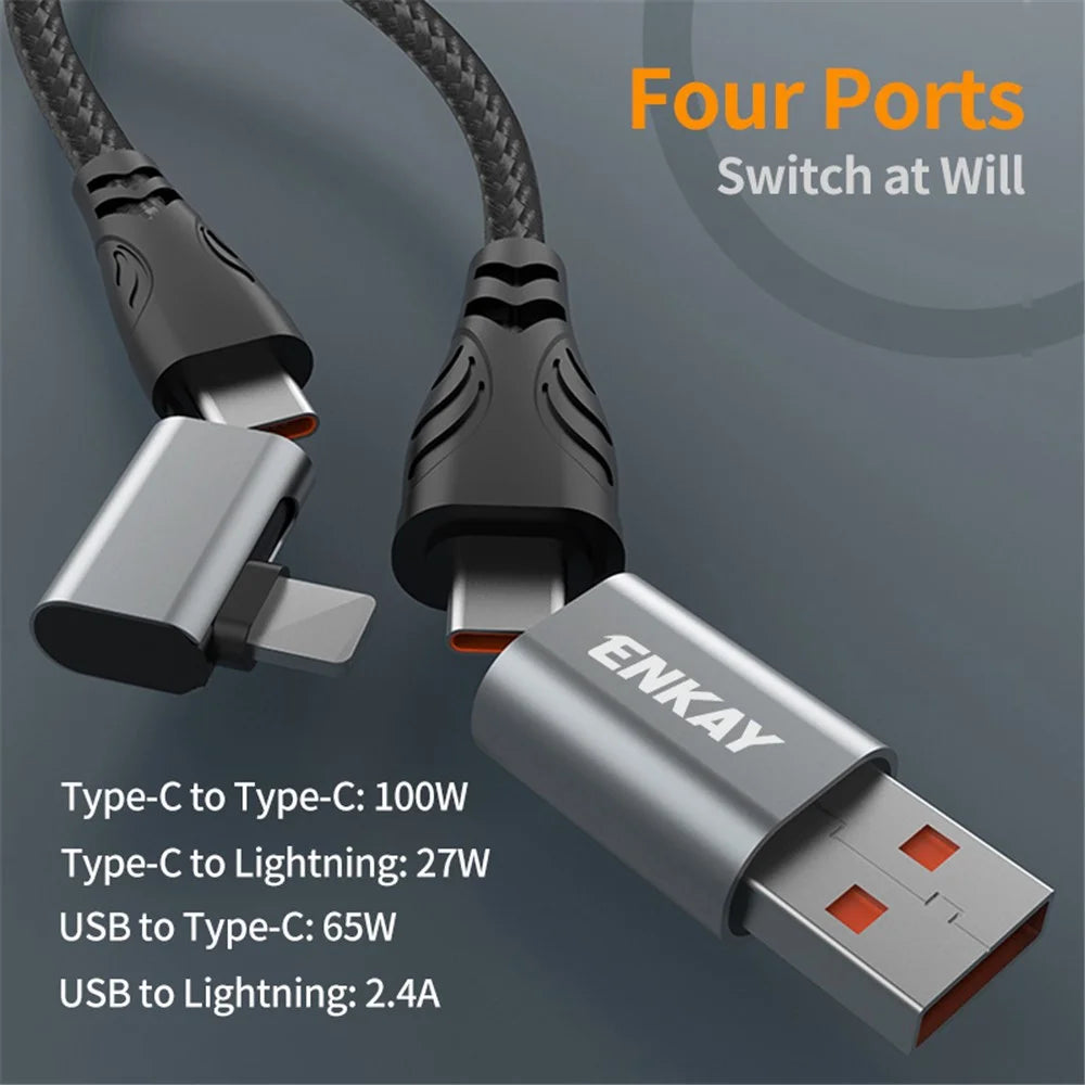 ENKAY 2m 4 in 1 USB / Type-C to iP / Type-C Nylon PD 100W Fast Charging Cable with E-Marker Chip - 2
