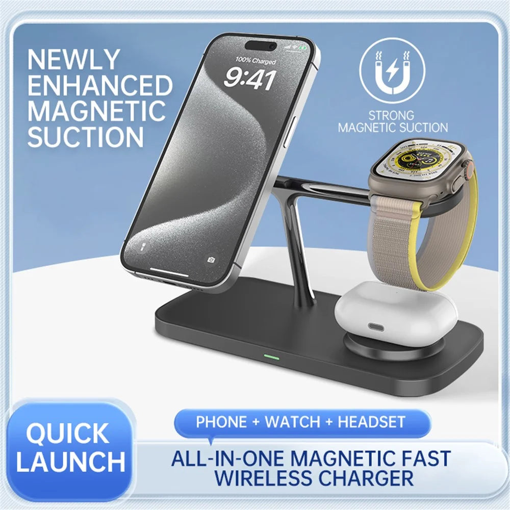 T255 3 in 1 Qi2 Magnetic Wireless Charging Station 15W Fast Charging Stand for Phone/Earbuds/Smart Watch - Black - 3