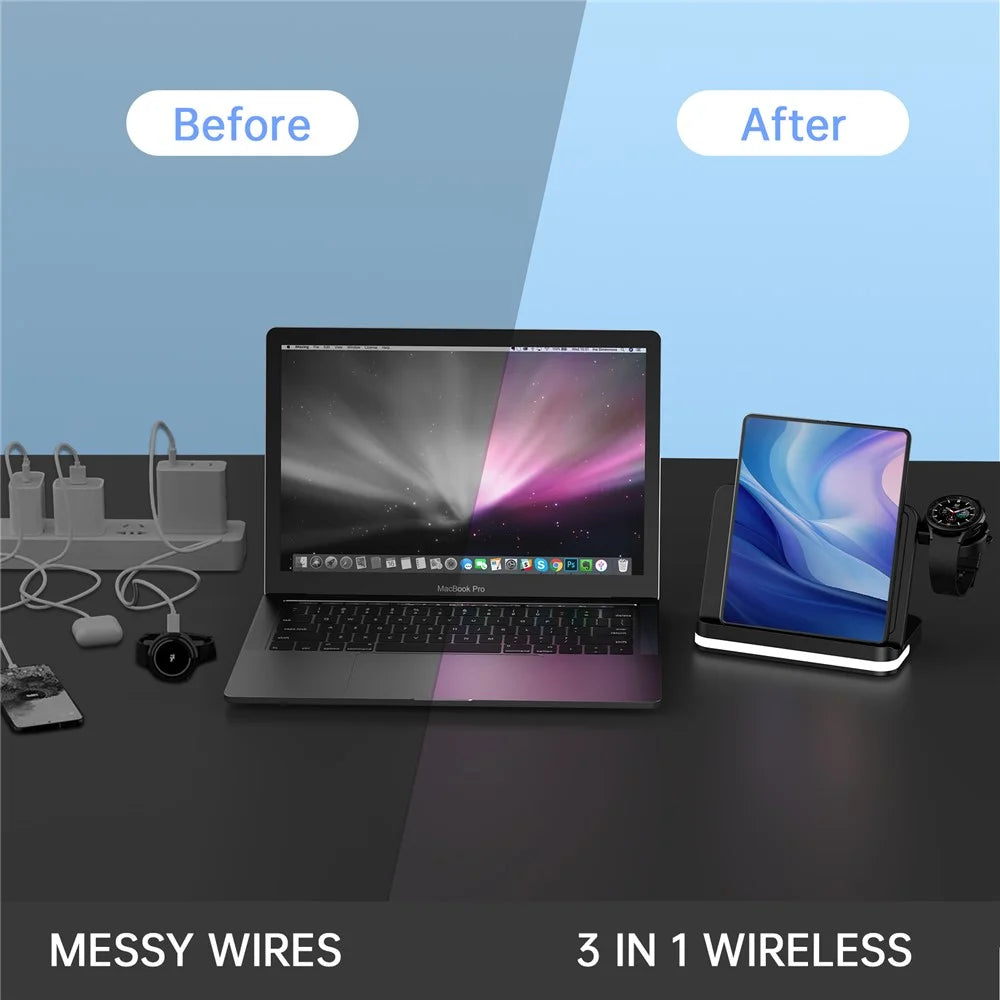B26 For Samsung Watch Wireless Charger Foldable Phone Earphone Smartwatch 3-in-1 Charging Stand - Black - 4