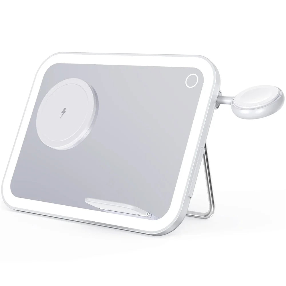 V22 3-in-1 Wireless Charger with LED Makeup Mirror and Night Light - White - 1