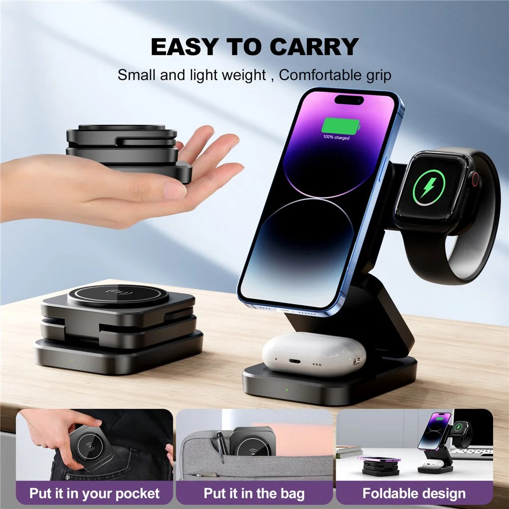 A390 Foldable 3 in 1 Magnetic Wireless Charger Stand for iPhone / Apple Watch / AirPods 15W Fast Charging Station - Black - 6