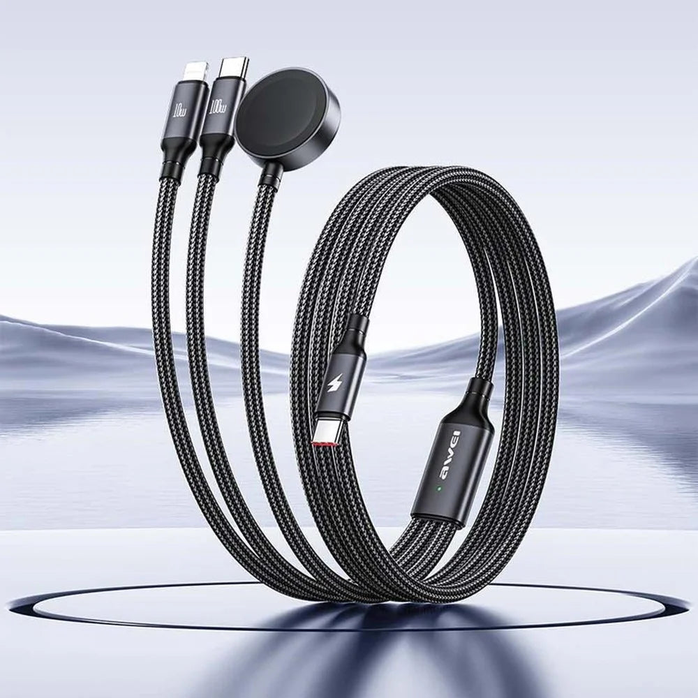 AWEI W23 1.2m Type-C to Type-C + iP + Wireless Charger for Apple Watch 3-in-1 Charging Cable - Black - 2