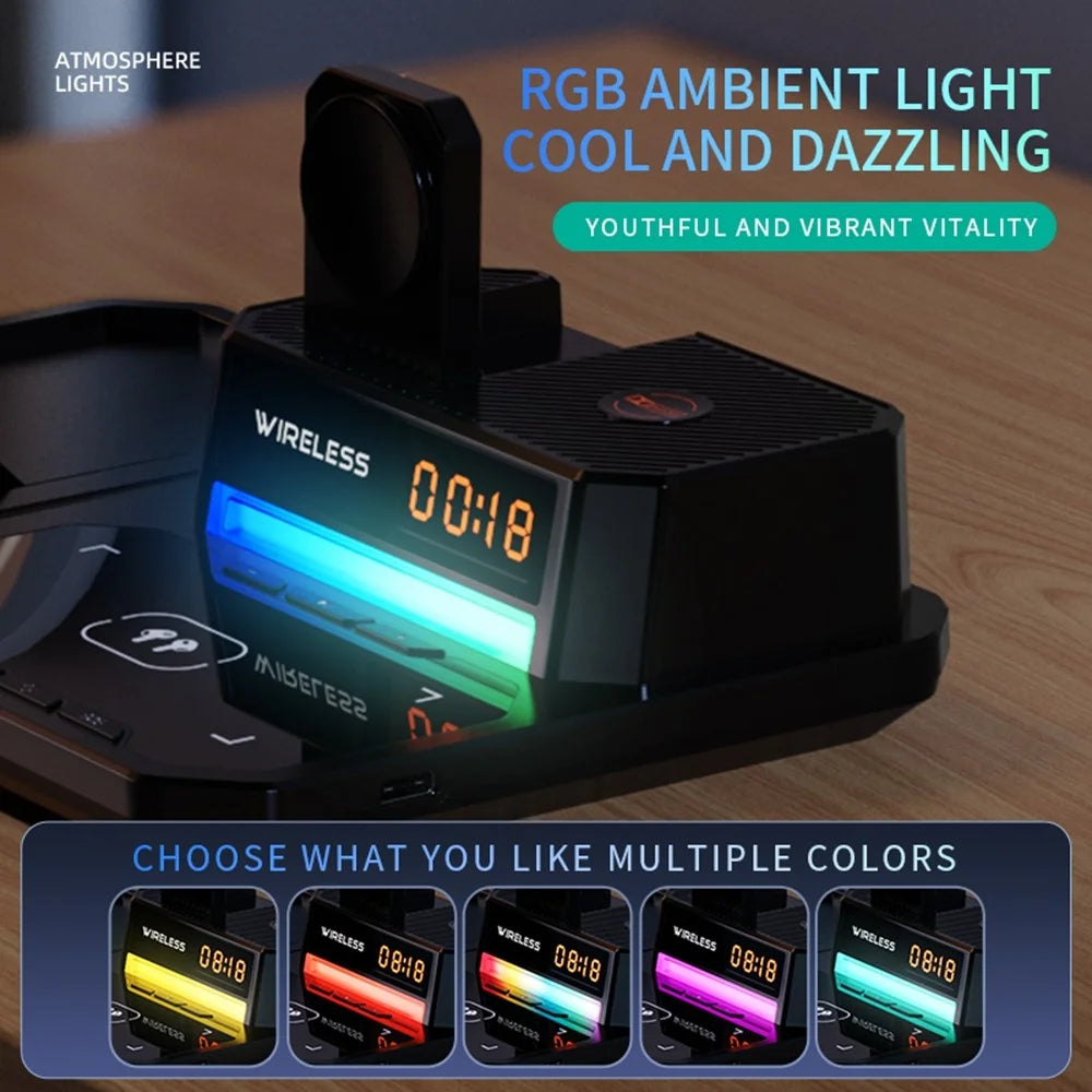C18 6-in-1 Wireless Charger Digital Charging Station with Bluetooth-compatible Speaker RGB Light - Black - 7