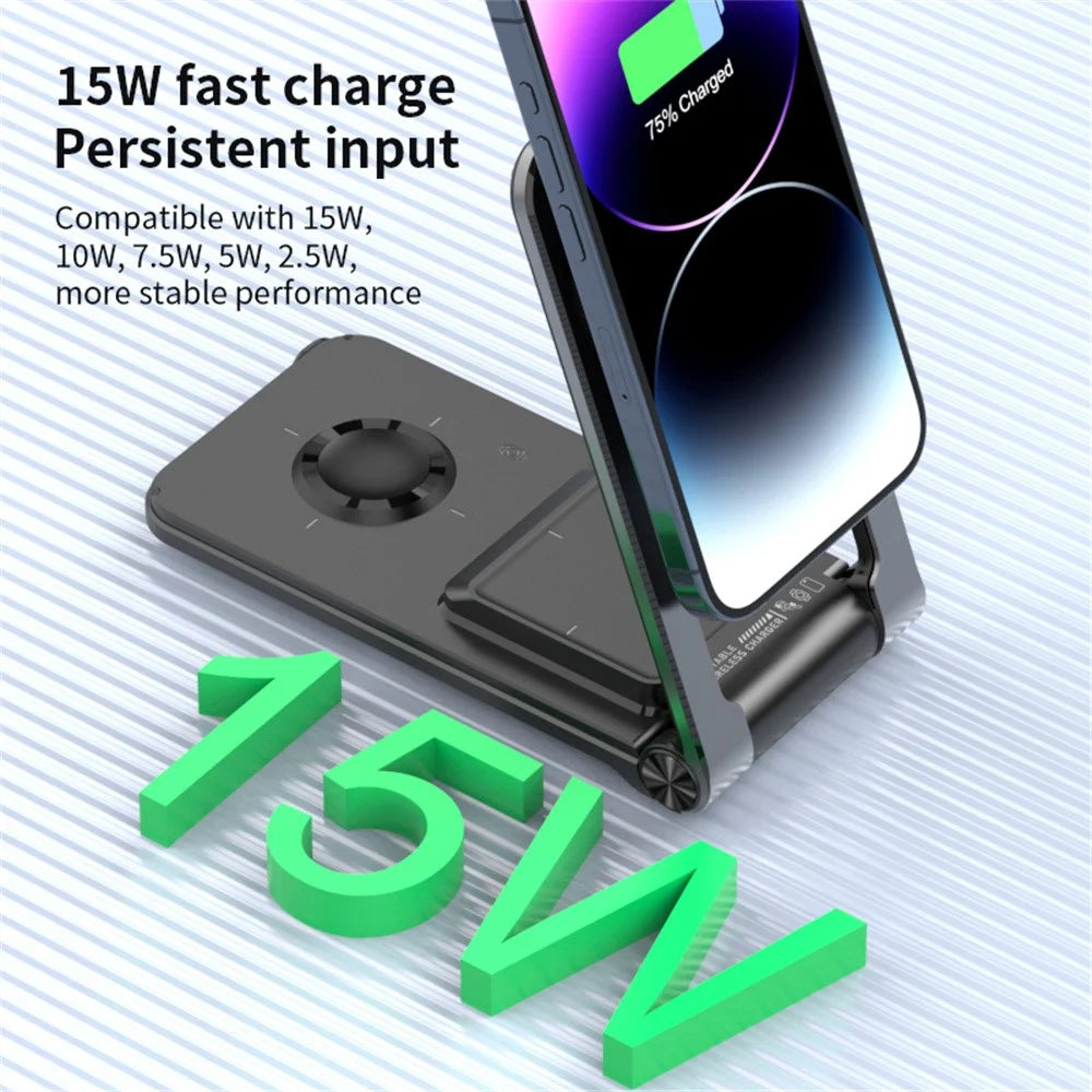 M2 Foldable 3-in-1 Phone Stand Magnetic Wireless Charger With Built-In Type-C Cable 15W Fast Charging - Black - 5