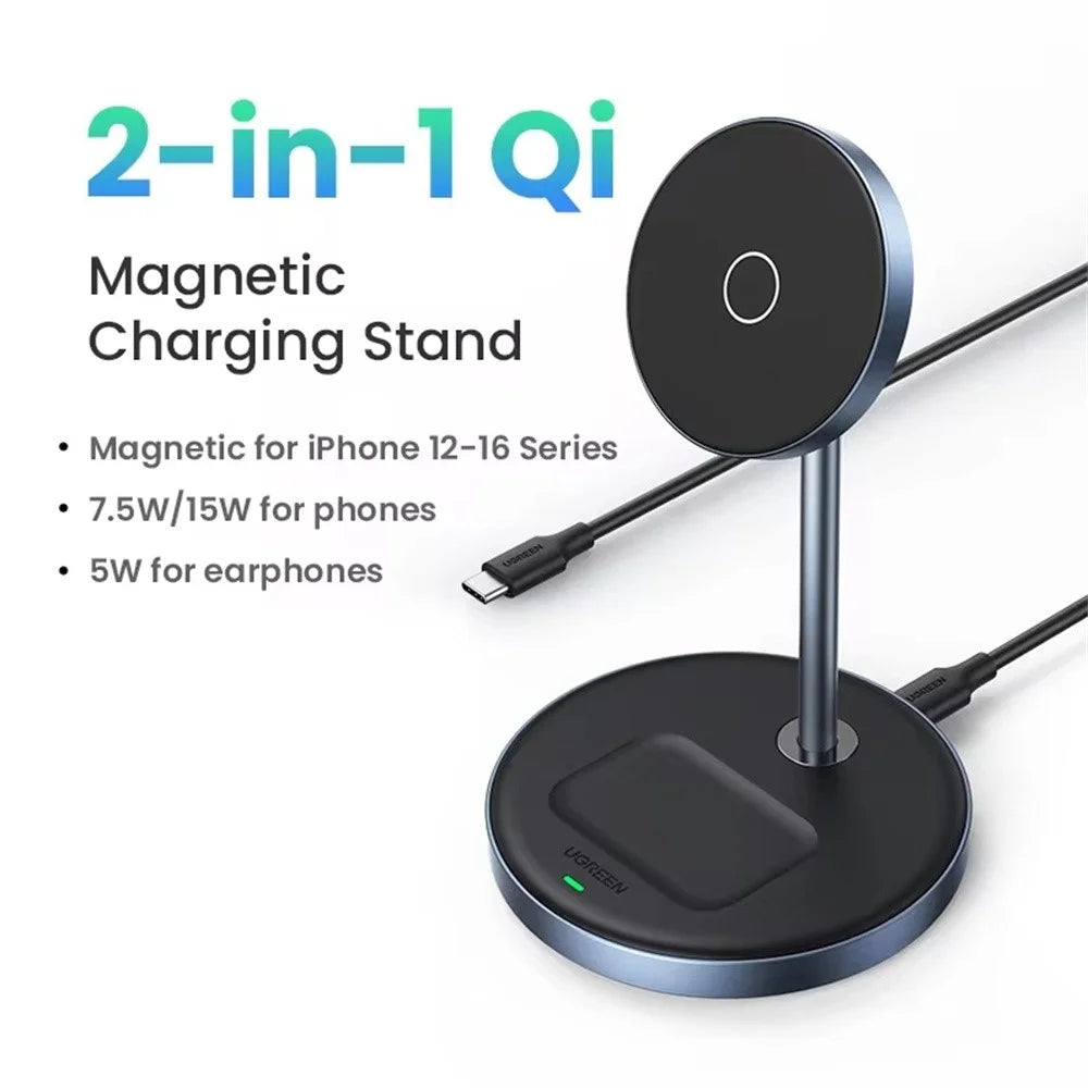 UGREEN 2 In 1 Magnetic Wireless Charger 700g Magnetic Force Adjustable Charging Stand For iPhone 16 / 15 / 14 / 13 / 12 Series and AirPods - 2