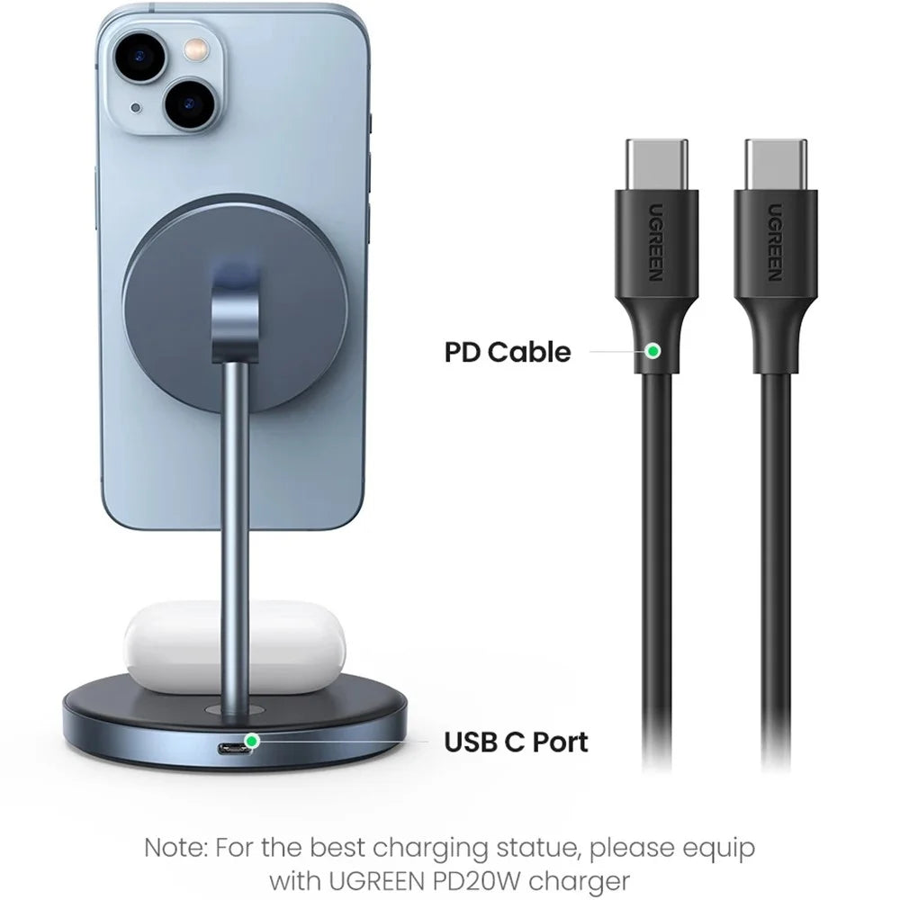 UGREEN 2 In 1 Magnetic Wireless Charger 700g Magnetic Force Adjustable Charging Stand For iPhone 16 / 15 / 14 / 13 / 12 Series and AirPods - 6