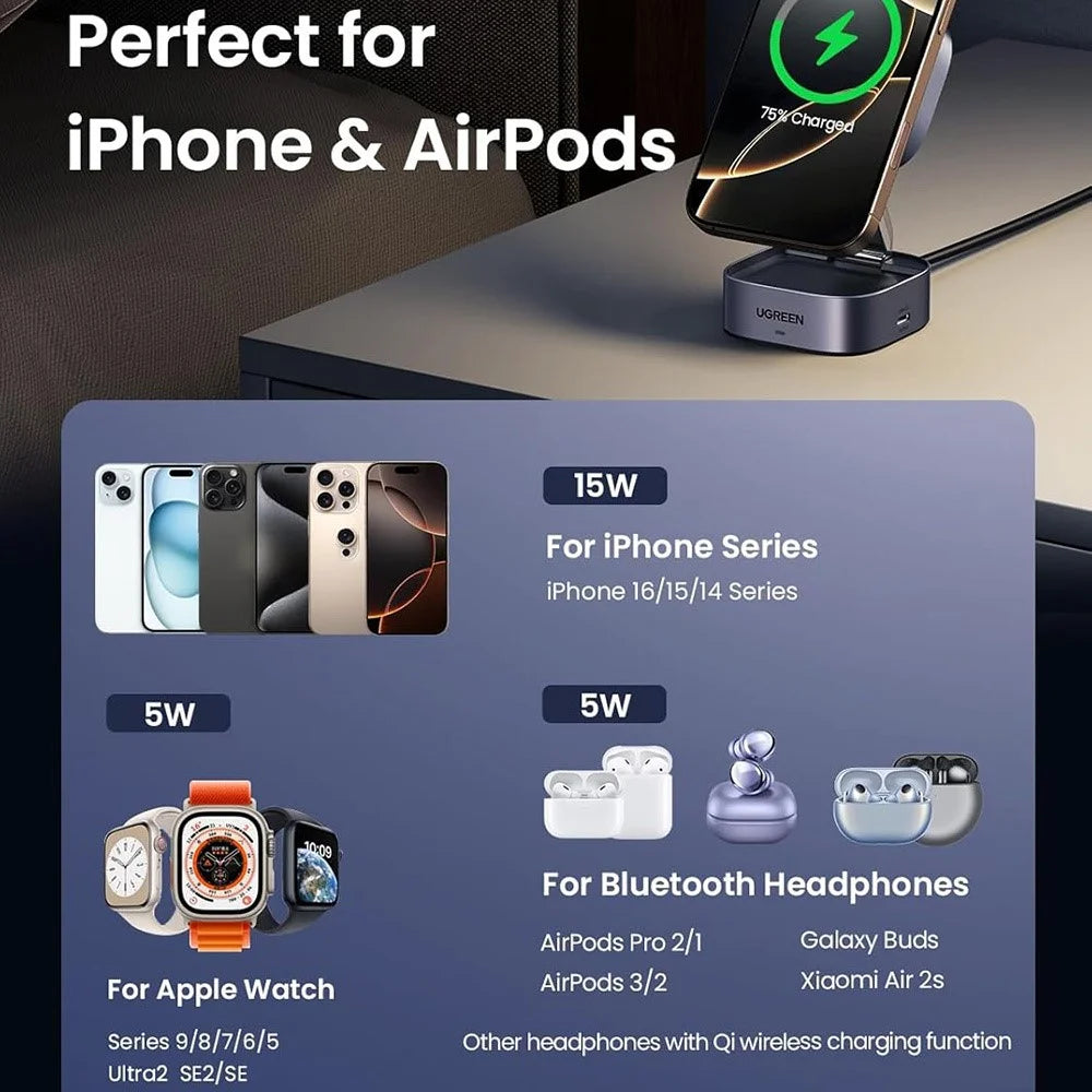 UGREEN Qi2 Magnetic Foldable 2-in-1 Fast Wireless Charger 15W Charging Stand For iPhone 16 / 15 / 14 Airpods Pro - 7