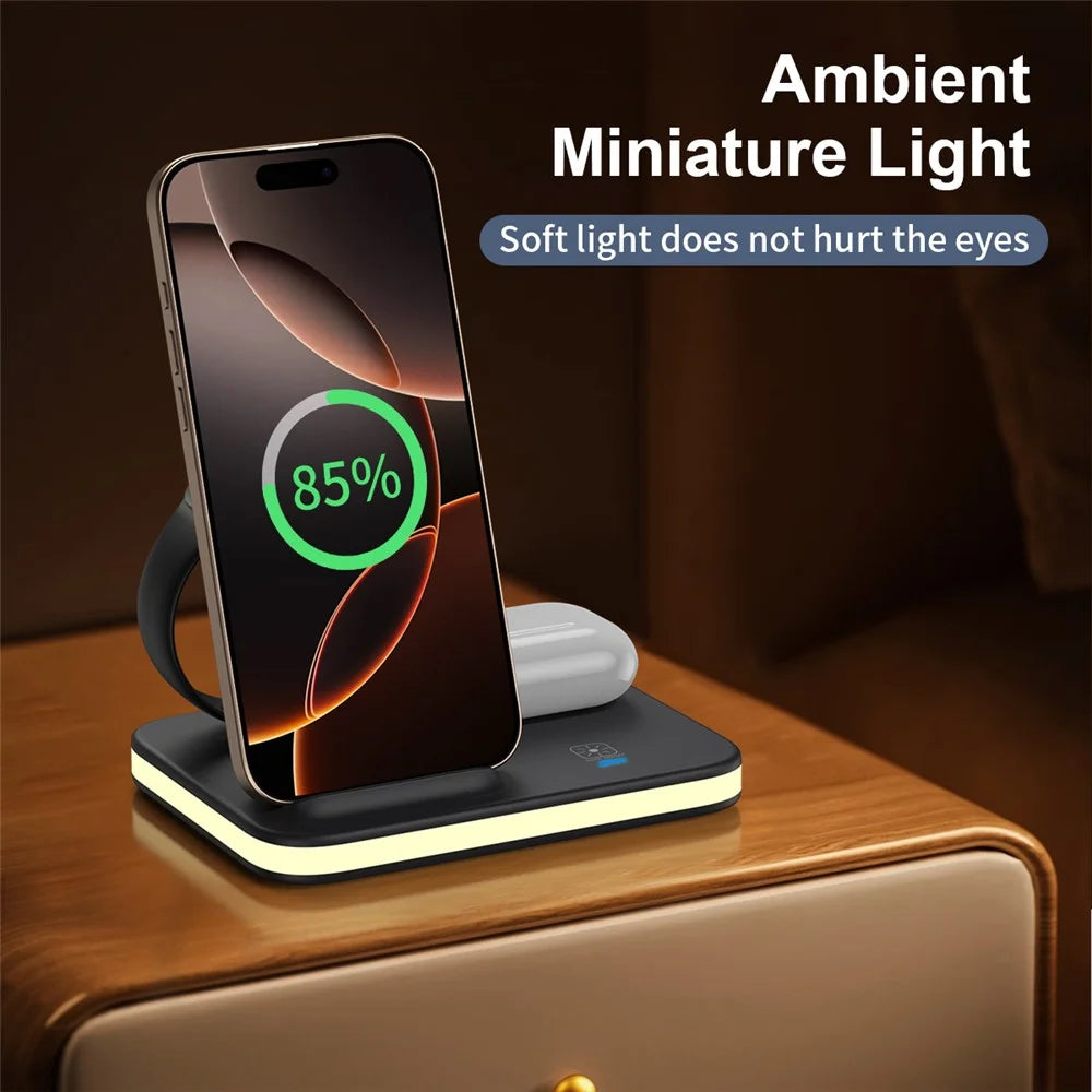 E16 Multifunction Foldable Wireless Charger Dock with Night Light for Mobile Phone / Airpods / Apple Watch - Black - 6