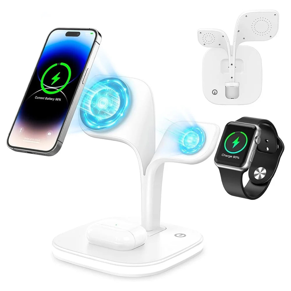 YM-UD22 Magnetic Wireless Charger Foldable Charging Station for iPhone 16-12 / Apple Watch / AirPods - White - 1