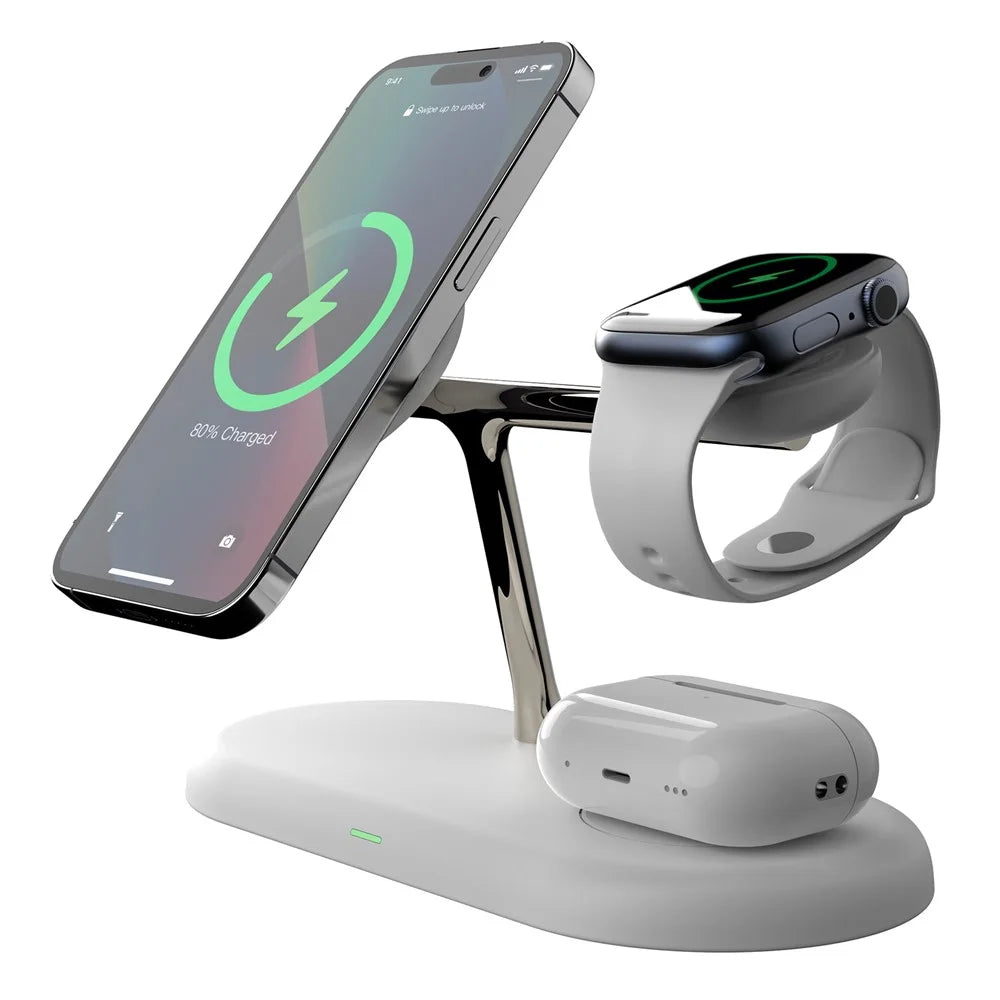 T256 15W Magnetic Wireless Charging Station Phone Watch Earphone Charging Dock with Night Light - White - 1
