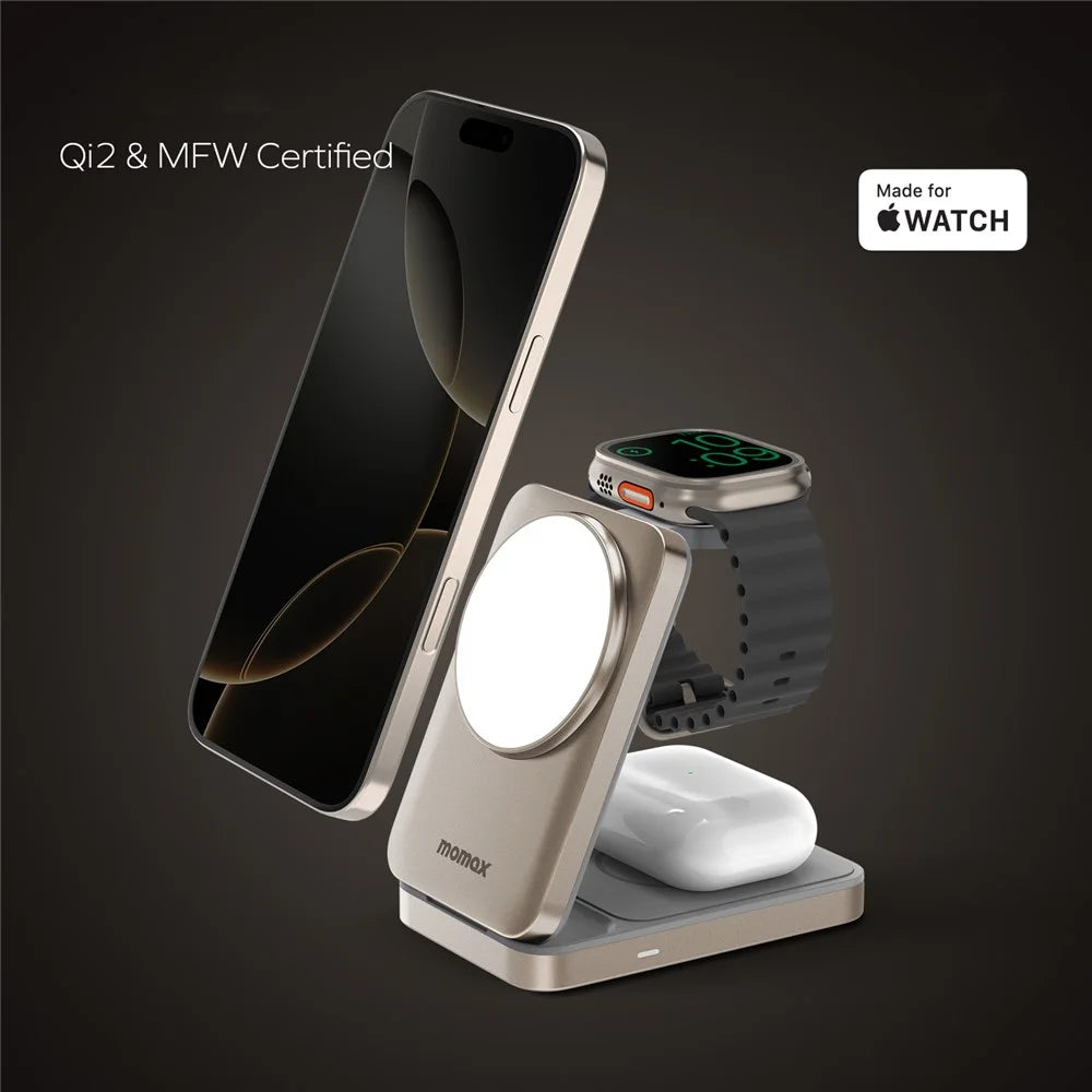 MOMAX Q. Port Foldable Magnetic 3 in 1 Wireless Charger for Iphone / Apple Watch / Airpods Qi2+MFW Certified Charging Stand - 4