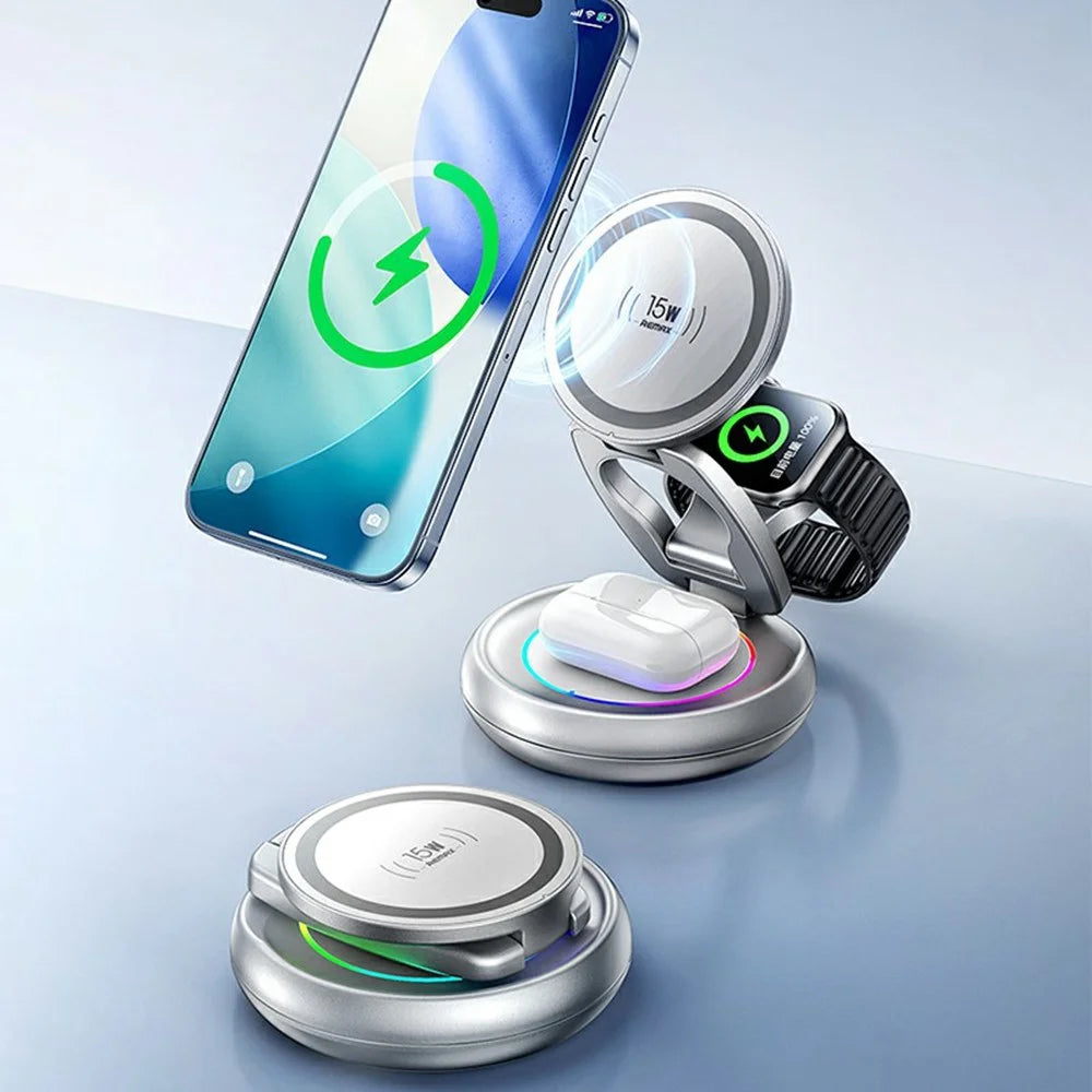 REMAX CW05 20.5W For Phone / Smartwatch / Earbuds 3 in 1 Wireless Charger Foldable Magnetic Rotating Metal Design - 2