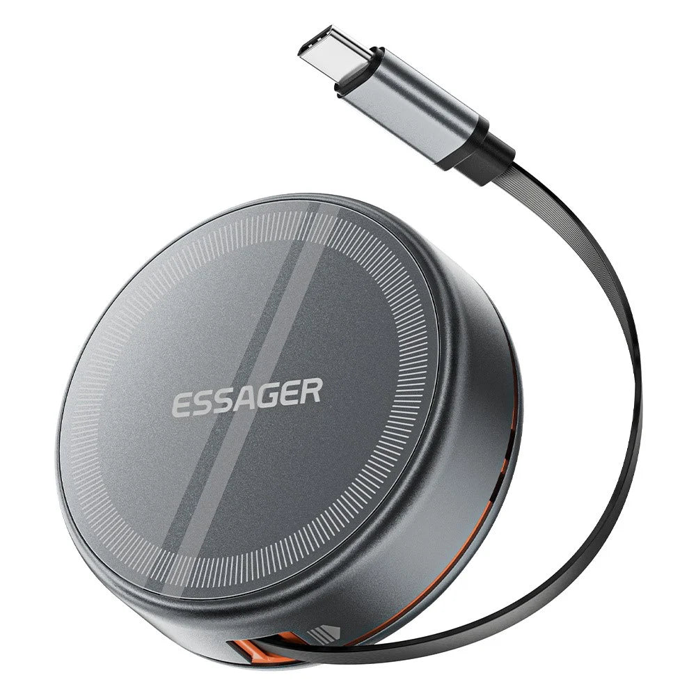 ESSAGER 3 in 1 Retractable Cable Wireless Charger Stand 15W Fast Charging Magnetic Core for iPhone / Watch / AirPods - Grey - 1