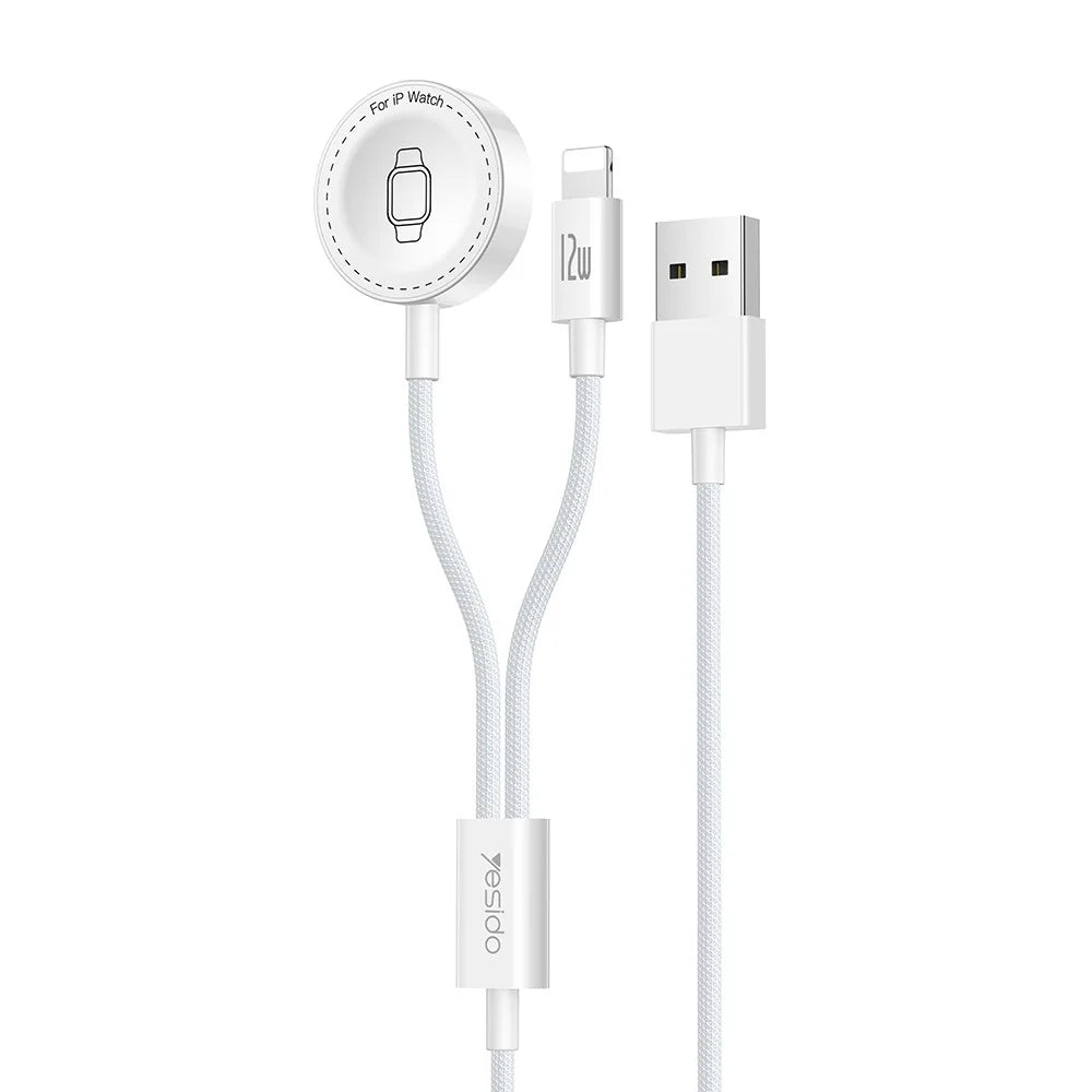 YESIDO DS35 2 in 1 USB-A to iP / Wireless Charging Dock for Apple Watch 2.5W Fast Charging Cable - White - 1