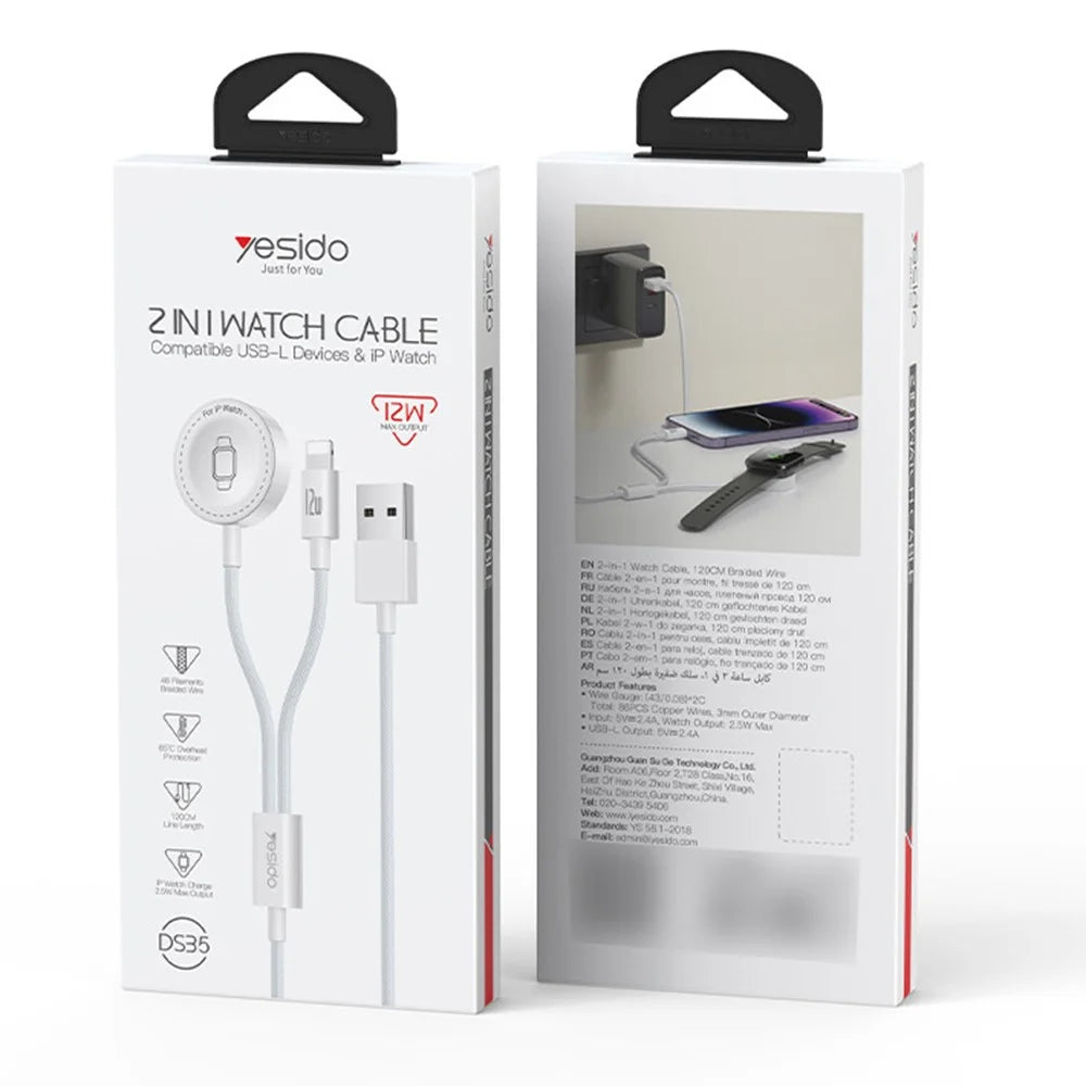 YESIDO DS35 2 in 1 USB-A to iP / Wireless Charging Dock for Apple Watch 2.5W Fast Charging Cable - White - 6