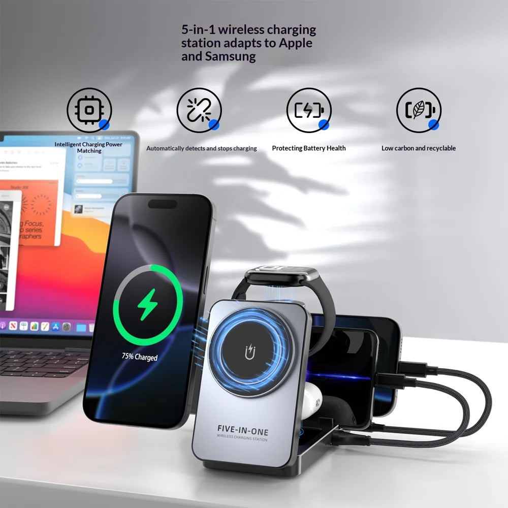 5 in 1 Wireless Charger Station Foldable 15W Fast Charging Stand for Phone/Smart Watch/Earbuds - Grey+Black - 4