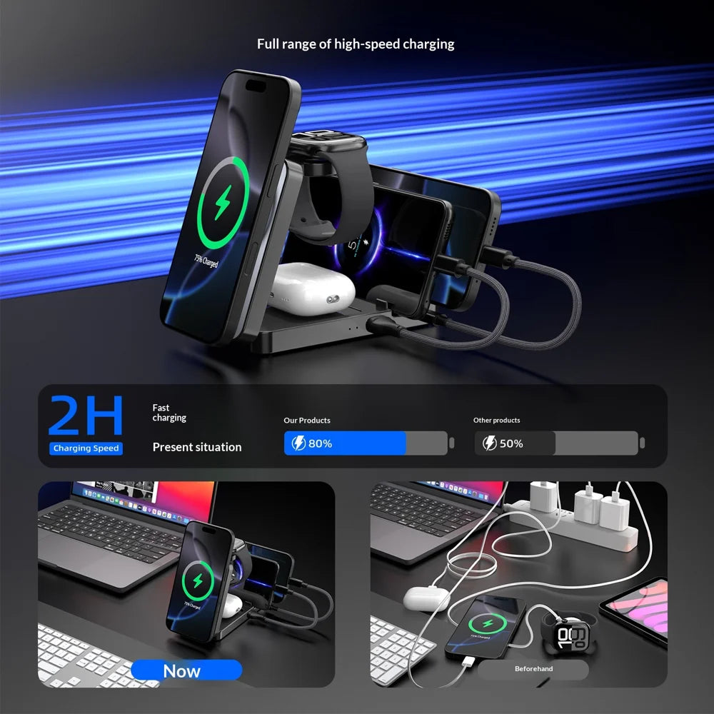 5 in 1 Wireless Charger Station Foldable 15W Fast Charging Stand for Phone/Smart Watch/Earbuds - Grey+Black - 7
