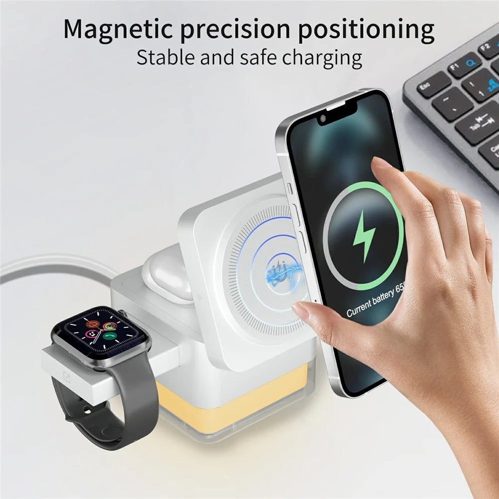 S6 3 in 1 Magnetic Wireless Charging Station Foldable Dock with RGB Light for iPhone Apple Watch AirPods - White - 5