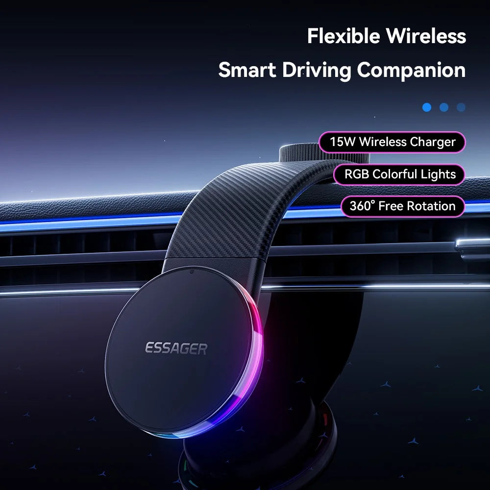 ESSAGER 15W Fast Charger with RGB Light 360 Degree Rotating Magnetic Wireless Charging Car Mount Phone Holder - Black - 3