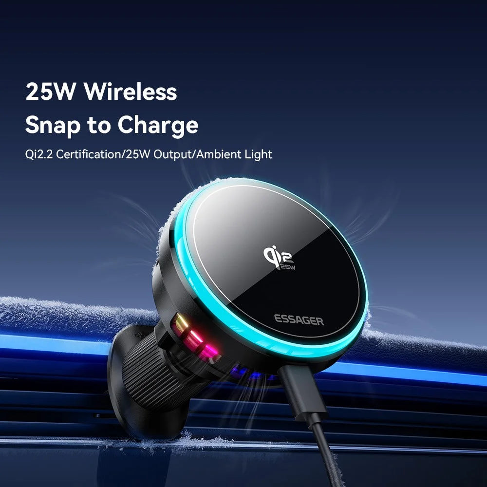 ESSAGER Qi2.2 25W Fast Charging Air Vent Mount Magnetic Wireless Car Charger with RGB Light - Black - 3