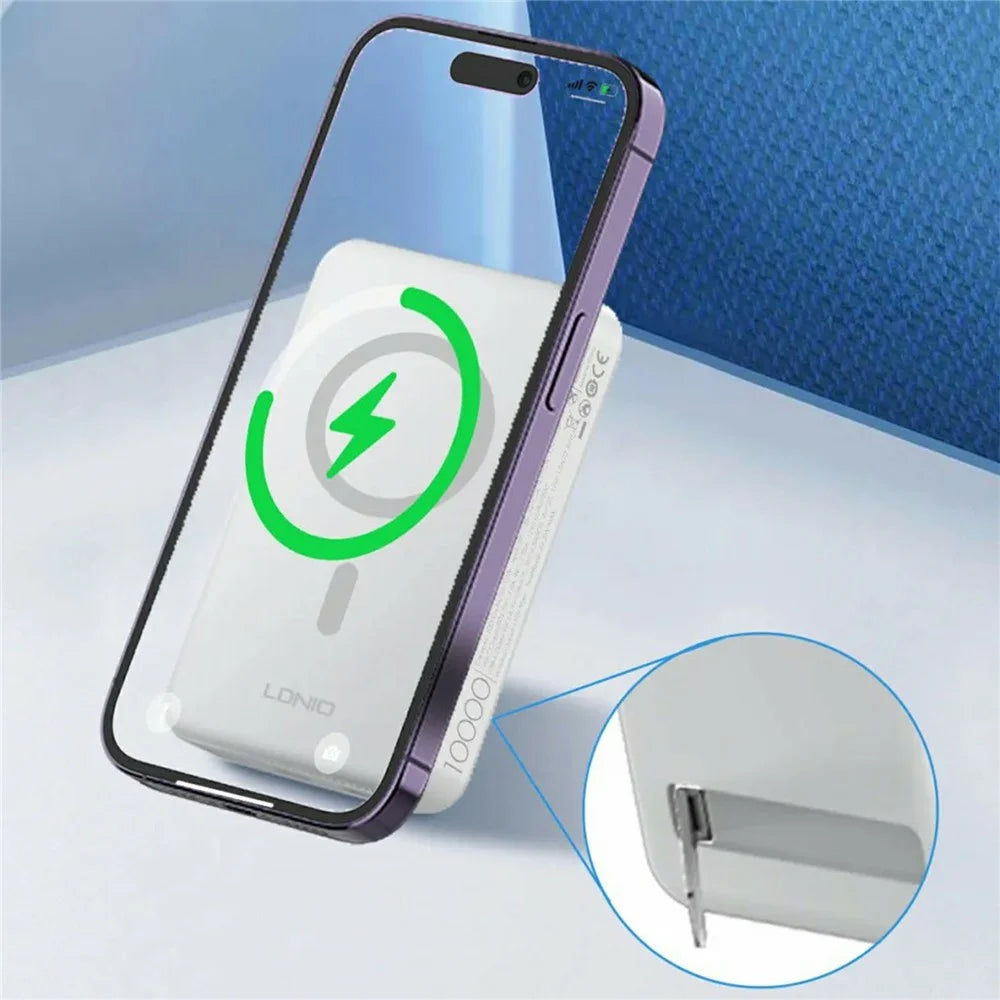 LDNIO PQ16 10000mAh Magnetic Wireless Power Bank QC 22.5W PD 20W Fast Charging Charger with Hidden Foldable Stand - White - 4