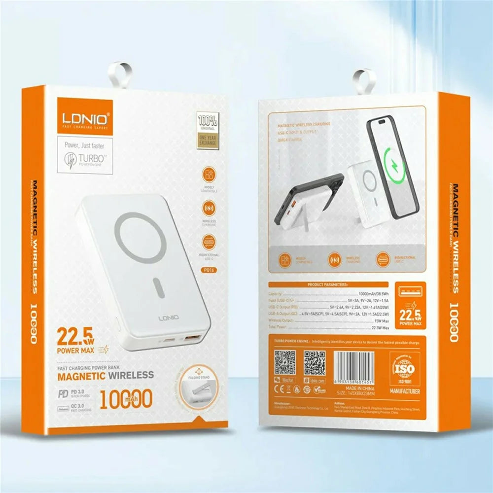 LDNIO PQ16 10000mAh Magnetic Wireless Power Bank QC 22.5W PD 20W Fast Charging Charger with Hidden Foldable Stand - White - 7