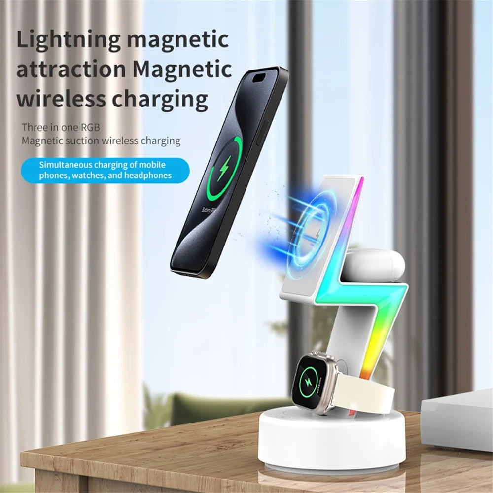 MY002 3-in-1 15W Wireless Charger for Cell Phone, Headset Magnetic Charging Stand with RGB Color Lights - Black - 2