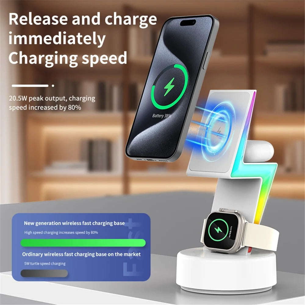 MY002 3-in-1 15W Wireless Charger for Cell Phone, Headset Magnetic Charging Stand with RGB Color Lights - Black - 3