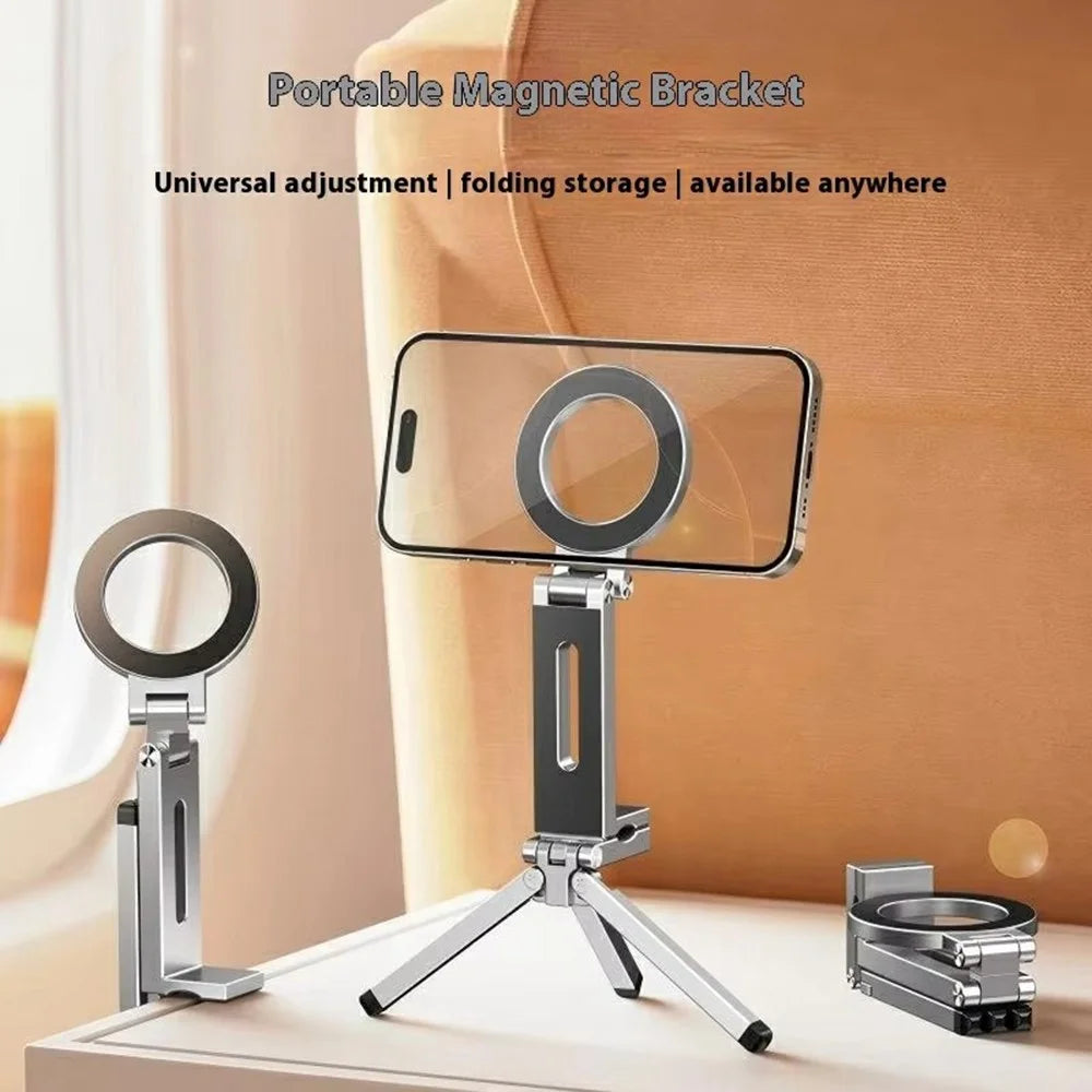 E01S Foldable Magnetic Phone Holder 360 Degree Rotation Clip On Travel Desktop Stand with Tripod - Grey - 2