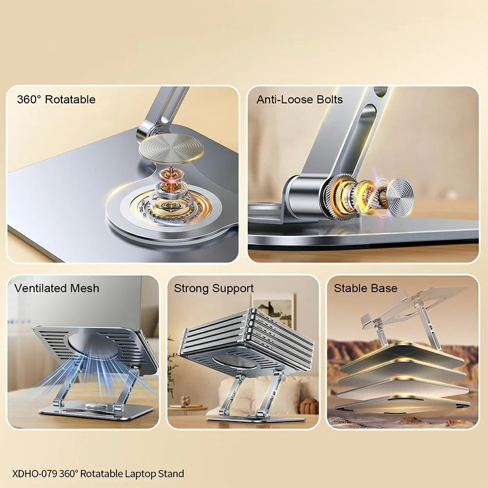 XUNDD XDHO-079 Hollow Out Laptop Stand 360 Degree Rotatable Foldable Carbon Steel Desktop Notebook Bracket - Grey - 3