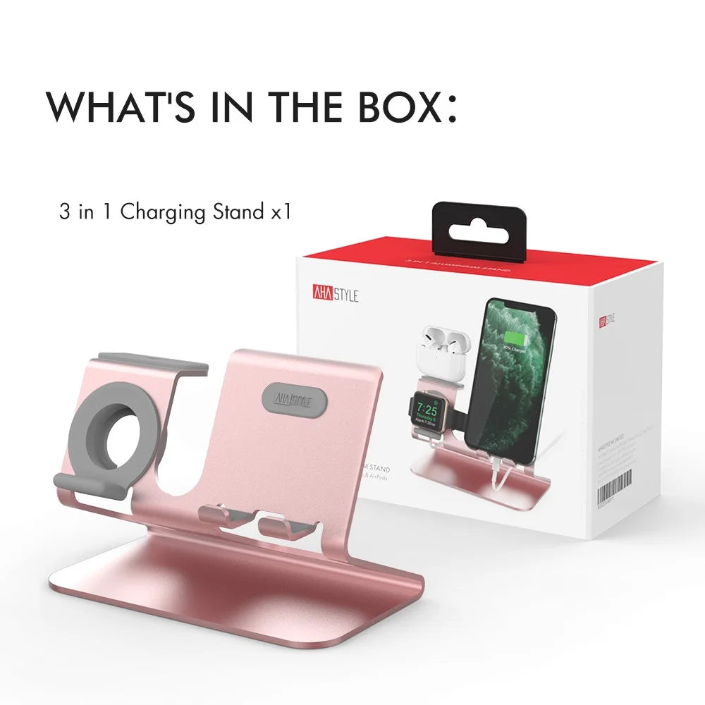 AHASTYLE ST05 For Apple Watch / iPhone / AirPods 3-in-1 Charging Stand Aluminum Alloy Desktop Charging Bracket - Rose Gold - 7