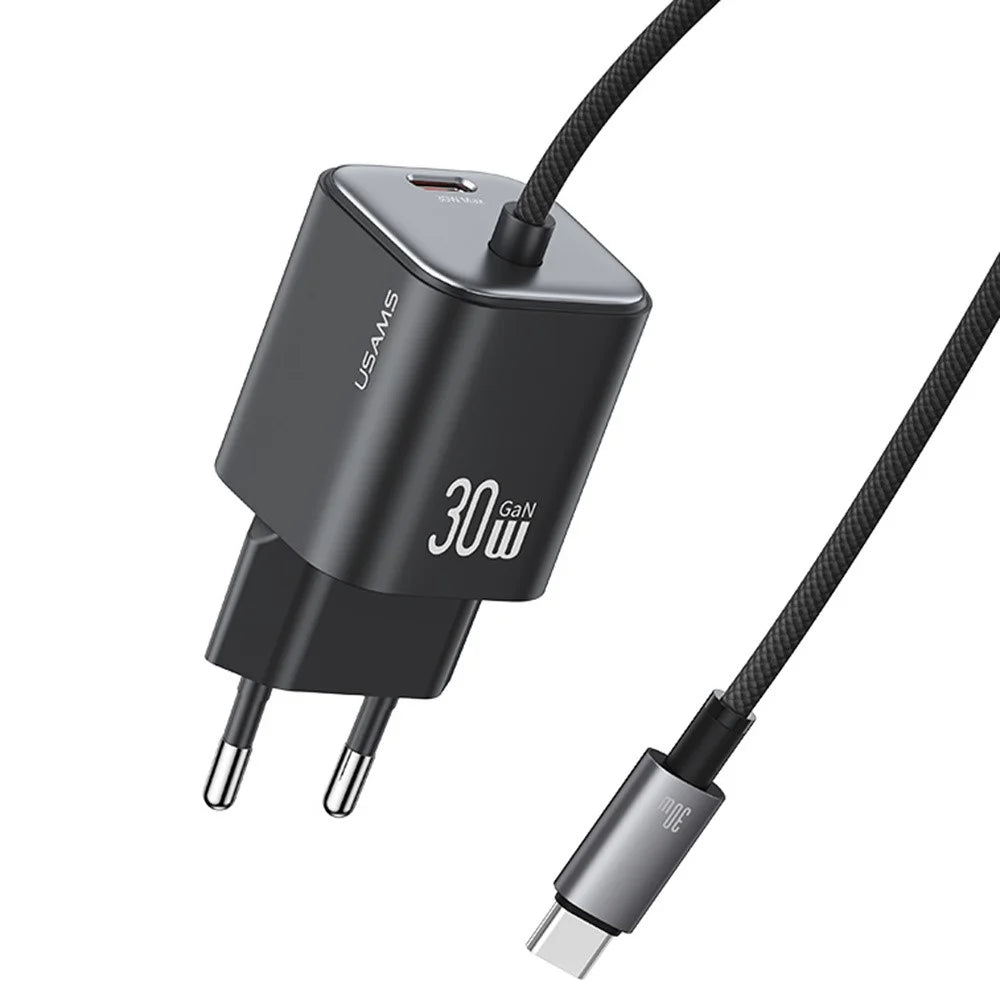USAMS CC264 GaN Fast Charger Block 30W Dual Port Wall Charger with Type-C Cable, EU Plug - Black - 1
