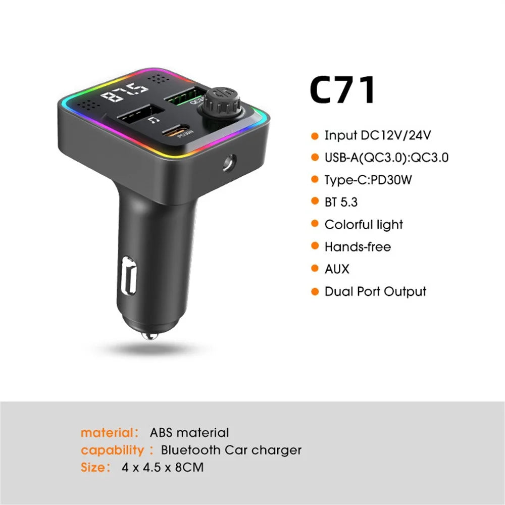 C71 Bluetooth-compatible Car Charger 3-in-1 PD 30W Cigarette Lighter Charger Adapter with FM Transmitter - 3
