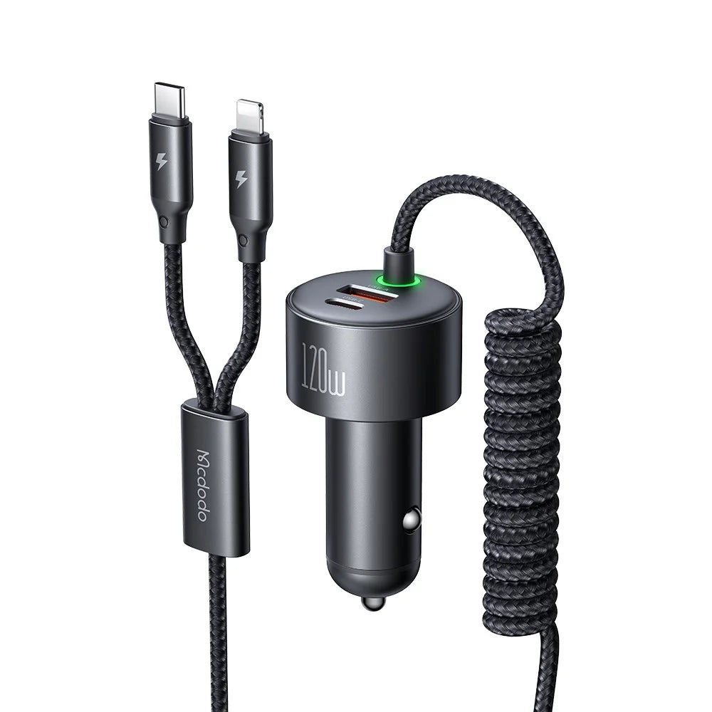 MCDODO CC-037 120W Dual Port Car Charger Fast Charging Spring Cable Charger with USB-C / iP Cables - 1