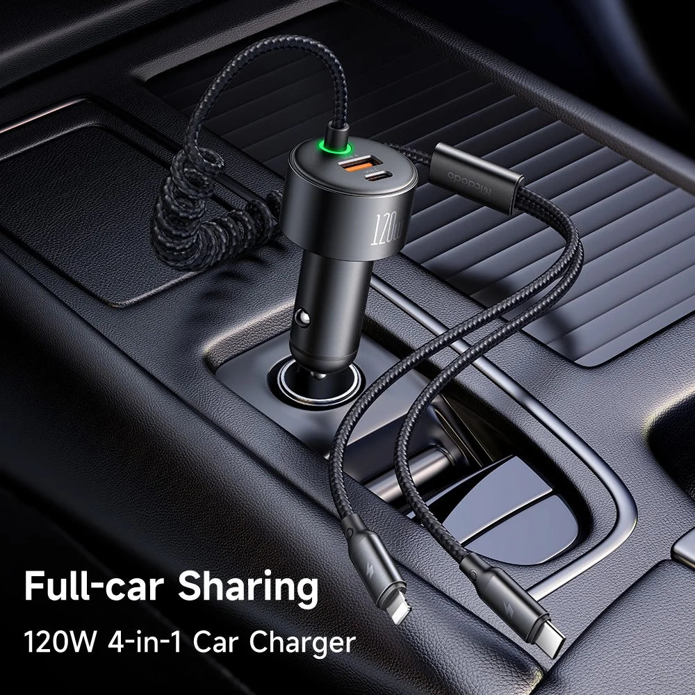 MCDODO CC-037 120W Dual Port Car Charger Fast Charging Spring Cable Charger with USB-C / iP Cables - 2