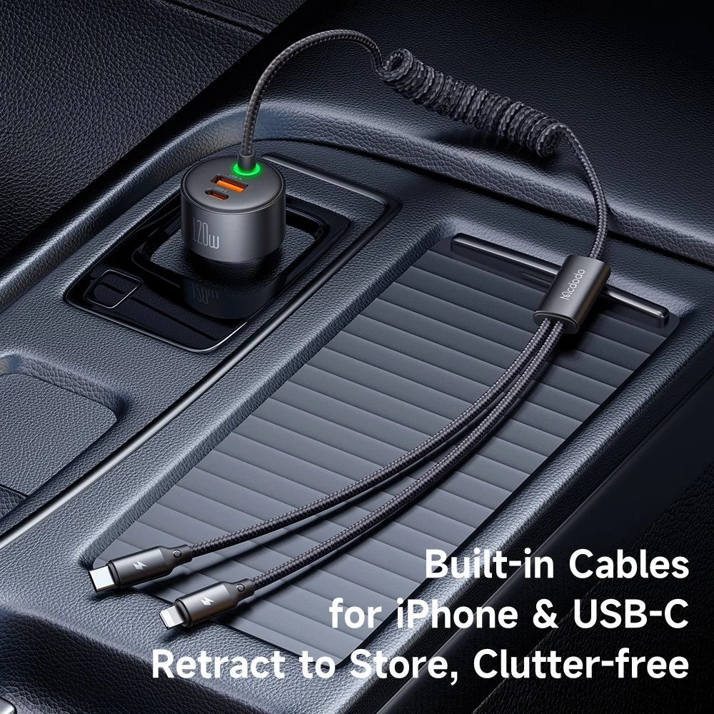 MCDODO CC-037 120W Dual Port Car Charger Fast Charging Spring Cable Charger with USB-C / iP Cables - 5
