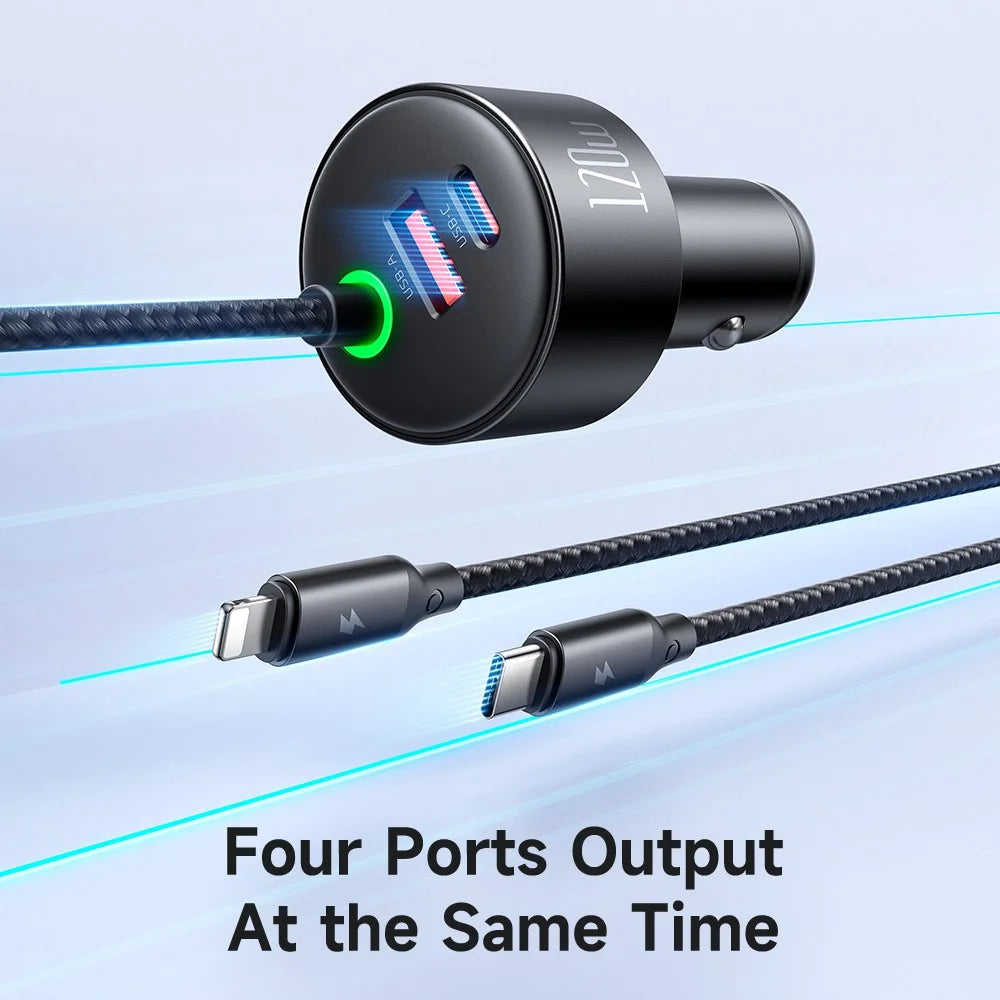 MCDODO CC-037 120W Dual Port Car Charger Fast Charging Spring Cable Charger with USB-C / iP Cables - 6